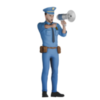 Male Cartoon Cop Character. A male police officer is using a megaphone to give orders or instructions and his hand is pointing in a certain direction. 3D Police png