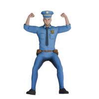 3D Male Cartoon Cop Character in Action. A male police officer is standing with both legs apart and both hands raised up in line with his head while clenching. Professional png
