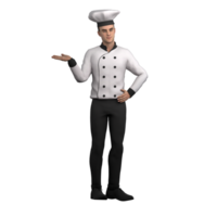 Chef Character 3D. A male chef is standing with a confident attitude, using one hand to point to the side and the other hand on his waist. Illustrated Male Cook png