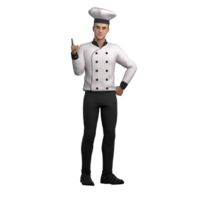 Animated Male Chef. A male chef stands with his left hand placed on his waist and raises his right hand with his index finger pointing up. 3D Culinary Professional png