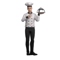 of Male Chef. A male chef is standing carrying a plate with a cloche lid in his left hand and the index finger of his right hand is pointing at the plate with the cloche lid. Cooking Pro png