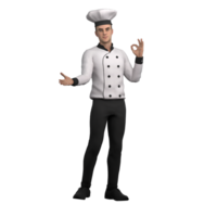 of a Male Chef. A male chef is standing with one hand gesturing OK and the other hand open. 3D Style png