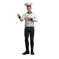 Male Chef in 3D. A male chef is standing with both index fingers pointing to the right, as if pointing to the right. Kitchen Scene png