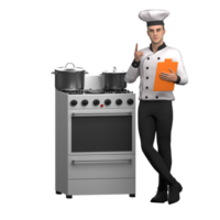 3D Culinary Practitioner. A male chef stands to the left of a freestanding cooker with his legs slightly folded while his left hand holds a menu book and his right hand extends upwards. Male Chef png