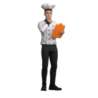 Professional Male in Culinary Arts. A male chef is standing with his left hand raised in front of his chest while carrying a book menu, while his right index finger and thumb hold his chin png