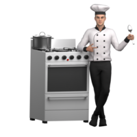 Professional 3D Chef. A male chef standing on the left side of the freestanding cooker with his legs folded and his right elbow leaning on the freestanding cooker while his left hand holds a spoon png