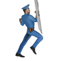 3D Male Cartoon Cop in Action. A male police officer standing with his left leg bent upwards while his right hand carries a riot shield with a position facing left as if preparing to hold something png