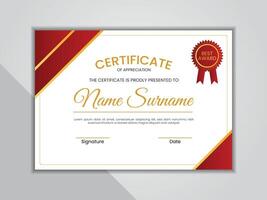 Stylish modern abstract certificate design red and gold color vector