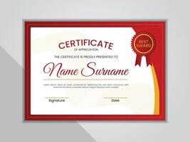 Red and gold certificate template with badge. vector