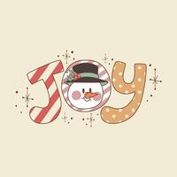 cute retro illustration of snowman with the word joy vector