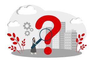 The concept of finding an answer to a question. Question mark and woman vector
