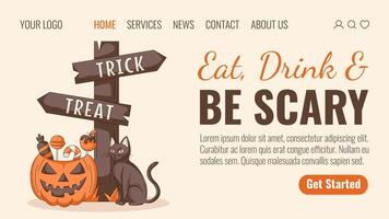 Halloween landing page template. Holiday flat illustration with cat, direction sign with text trick or treat, pumpkin, sweets. For website, web page, online, banner, party. Isolated background vector