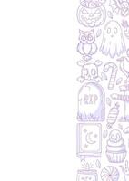 Halloween poster, vertical a4 background, space for text. Minimalist purple icons, right side border frame. Spooky ghost, spell book, skull and bones. For banner, invitation, party, planner vector