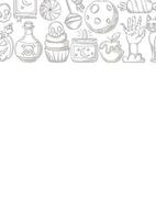 Halloween poster, vertical a4 background, space for text. Minimalist gray icons upper frame. Holiday elements, moon, cat, pumpkin, sweets, zombie hand. For card, banner, invitation, party, planner vector