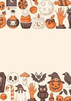 Halloween poster, vertical a4 background, space for text. Colorful orange and brown bottom and upper frame. Holiday icons, skull, ghost, pumpkin, sweets, zombie hand. For card, banner, invitation vector