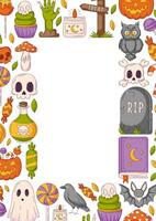 Halloween poster, vertical a4 background, space for text in the middle. Colorful scary icons border frame. Spooky ghost, skull and bones, bat, owl. For banner, invitation, party, planner vector