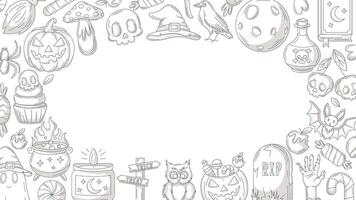 Halloween minimalist background, horizontal poster or banner with spooky, scary icons. Flat illustration, monochrome gray frame, space for text. For greeting card, party, invitation, holiday vector