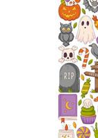 Halloween poster, vertical a4 background, space for text. Colorful holiday icons, right side border frame. Spooky ghost, spell book, skull and bones. For banner, invitation, party, planner vector