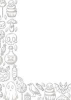Halloween poster, vertical a4 background, space for text. Minimalist gray scary icons corner border frame. Spooky ghost, skull, raven, holiday pumpkin. For banner, invitation, party, planner vector