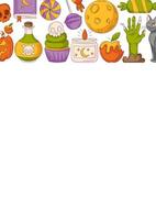 Halloween poster, vertical a4 background, space for text. Colorful icons upper frame. Holiday elements, moon, cat, pumpkin, sweets, zombie hand. For card, banner, invitation, party, fest or planner vector