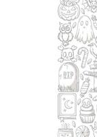 Halloween poster, vertical a4 background, space for text. Minimalist gray icons, right side border frame. Spooky ghost, spell book, skull and bones. For banner, invitation, party, planner vector