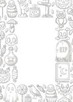 Halloween poster, vertical a4 background, space for text in the middle. Minimalist gray scary icons border frame. Spooky ghost, skull and bones, bat. For banner, invitation, party, planner vector