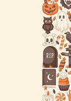 Halloween poster, vertical a4 background, space for text. Colorful scary icons, right side border frame. Spooky ghost, spell book, skull and bones. For banner, invitation, party, planner vector