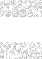 Halloween poster, vertical a4 background, space for text. Minimalist monochrome gray bottom and upper frame. Holiday icons, skull, ghost, pumpkin, sweets, zombie hand. For card, banner, invitation vector