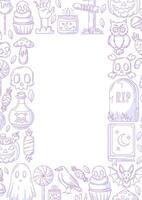 Halloween poster, vertical a4 background, space for text in the middle. Minimalist purple scary icons border frame. Spooky ghost, skull and bones, bat. For banner, invitation, party, planner vector