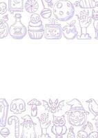 Halloween poster, vertical a4 background, space for text. Minimalist monochrome purple bottom and upper border frame. Holiday elements, skull, ghost, pumpkin, sweets. For card, banner, invitation vector