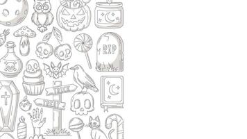 Halloween minimalist background, horizontal poster with spooky, scary icons. Flat illustration, monochrome gray side border frame, space for text. For greeting card, party, invitation, banner vector