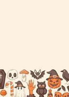 Halloween poster, vertical a4 background, space for text. Colorful orange and brown bottom frame. Holiday elements, skull, ghost, pumpkin, sweets, zombie hand. For card, banner, invitation, planner vector