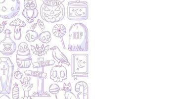 Halloween minimalist background, horizontal poster with spooky, scary icons. Flat illustration, monochrome purple side frame, space for text. For greeting card, party, invitation, banner vector
