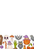 Halloween poster, vertical a4 background, space for text. Colorful bottom icons frame. Holiday elements, skull, ghost, pumpkin, sweets, zombie hand. For card, banner, invitation, party or planner vector