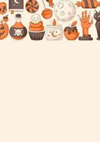 Halloween poster, vertical a4 background, space for text. Colorful orange and brown icons upper frame. Holiday elements, moon, cat, pumpkin, sweets, zombie hand. For card, banner, invitation, party vector