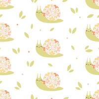 Seamless pattern with cute snails and flowers. Spring and summer seamless pattern vector
