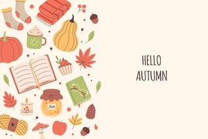Hello autumn background with autumn elements. Cute and cozy seasonal objects. Fall, Thanksgiving Day vector