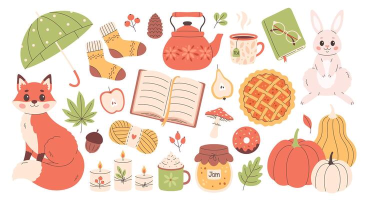 Autumn elements set. Cute and cozy seasonal objects. Fall, Thanksgiving Day.