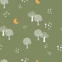 Dreamy Celestial Forest Pattern with Moon and Stars on green background vector