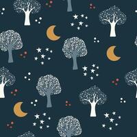 Dreamy Celestial Forest Pattern with Moon and Stars on dark blue background vector