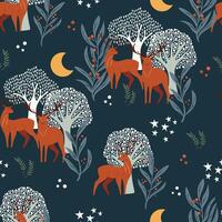 Majestic Deer in Enchanted Night Forest Pattern. Hand drawn deer in a forest with trees, flora and stars vector