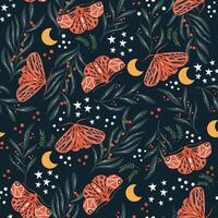 Enchanted Woodland Night - moth pattern on dark background with flora and stars vector