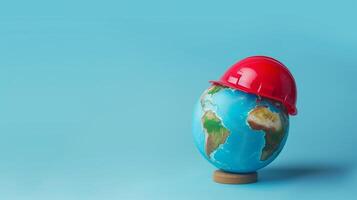 Globe world wearing red safety helmet worker labor engineering and industrial concept copy space photo