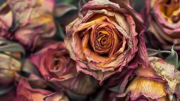 Dried red rose flower pattern which has withered or lacks water botanical background photo