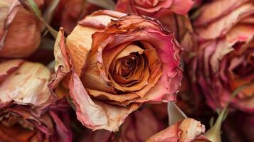 Dried red rose flower pattern which has withered or lacks water botanical background photo