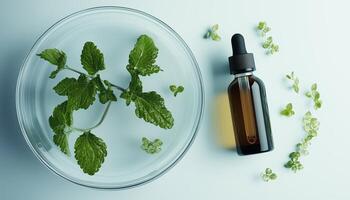 Patchouli extract oil organic aromatic extract leaves and glass serum bottle photo