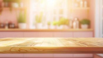 Brown wooden table kitchen counter display copy space with blurred light background photo