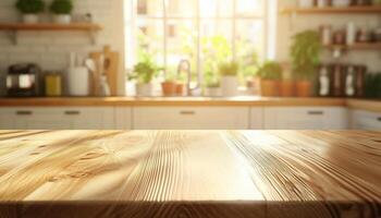 Brown wooden table kitchen counter display copy space with blurred light background photo