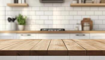 Brown wooden table kitchen counter display copy space with blurred light background photo