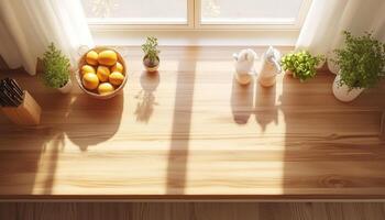 Brown wooden table kitchen counter display copy space with blurred light background photo